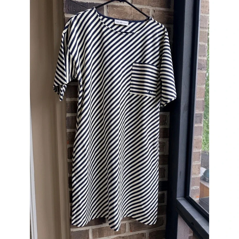 Tory Burch Striped Cotton T-Shirt Dress Short Sleeve Mini Womens L Navy White